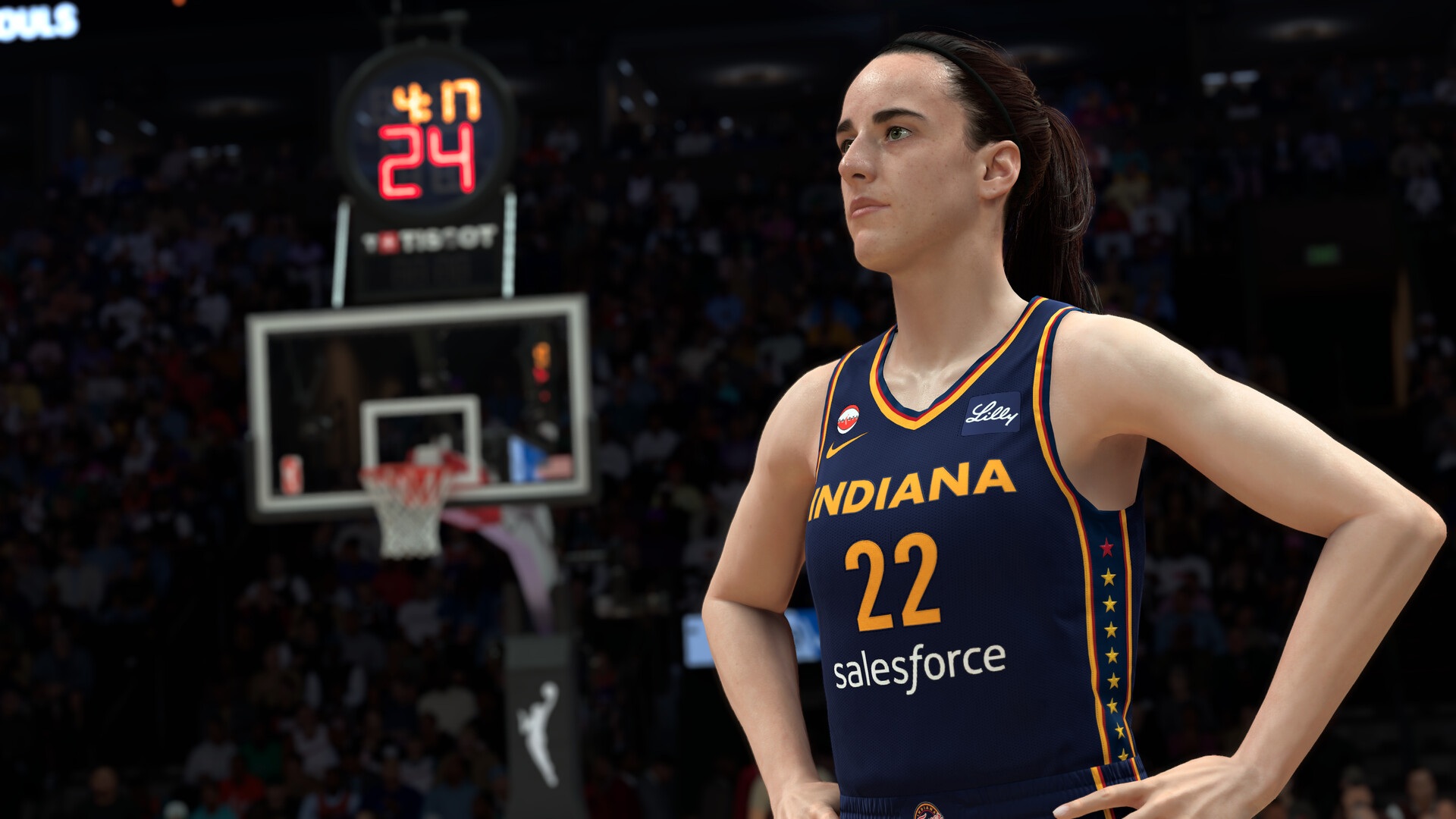NBA 2K27 스크린샷 — 인디애나 피버 22번 유니폼을 입은 WNBA 선수가 코트에 서 있고 뒤로 24초 샷클락이 보이는 장면