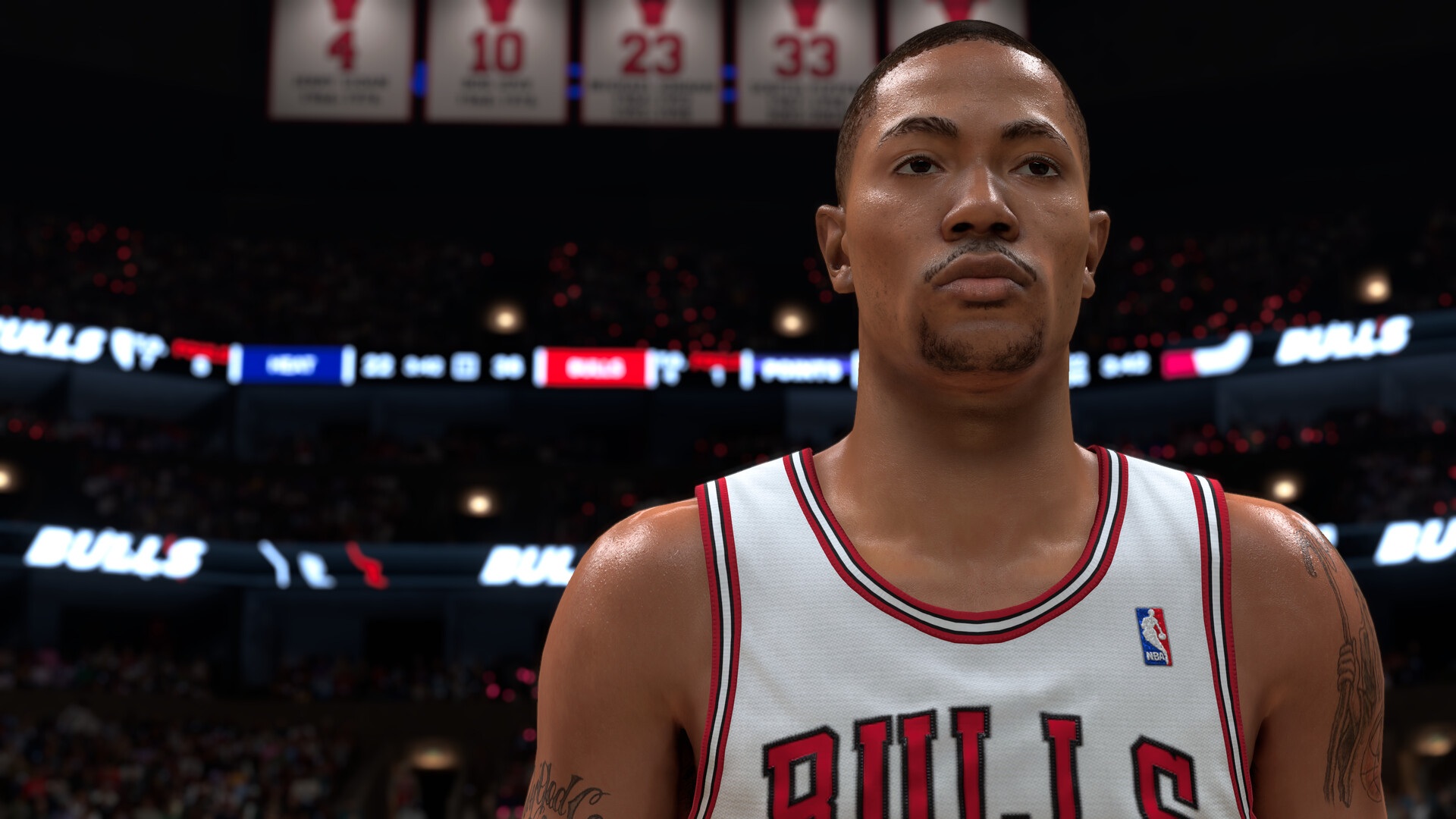NBA 2K27 스크린샷 — 시카고 불스 유니폼을 입은 선수의 얼굴 클로즈업, 경기장 천장에 등번호 배너가 걸려 있다